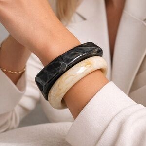 NEW Mango Lilian Resin Bangle Bracelet Set Black Cream Marble